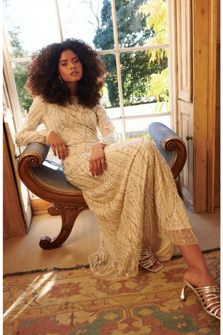 modest beaded dress MARYISA Modest Embellished Sequin Beaded Maxi Dress in Cream at Nordstrom, Size 8