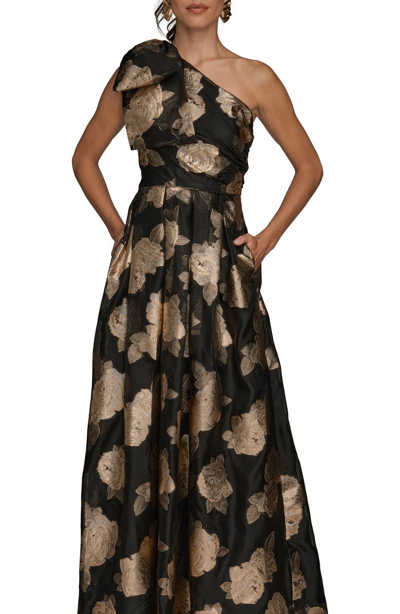 Donna Karan New York One-Shoulder Metallic Jacquard Gown, Alternate, color, Black/ Gold