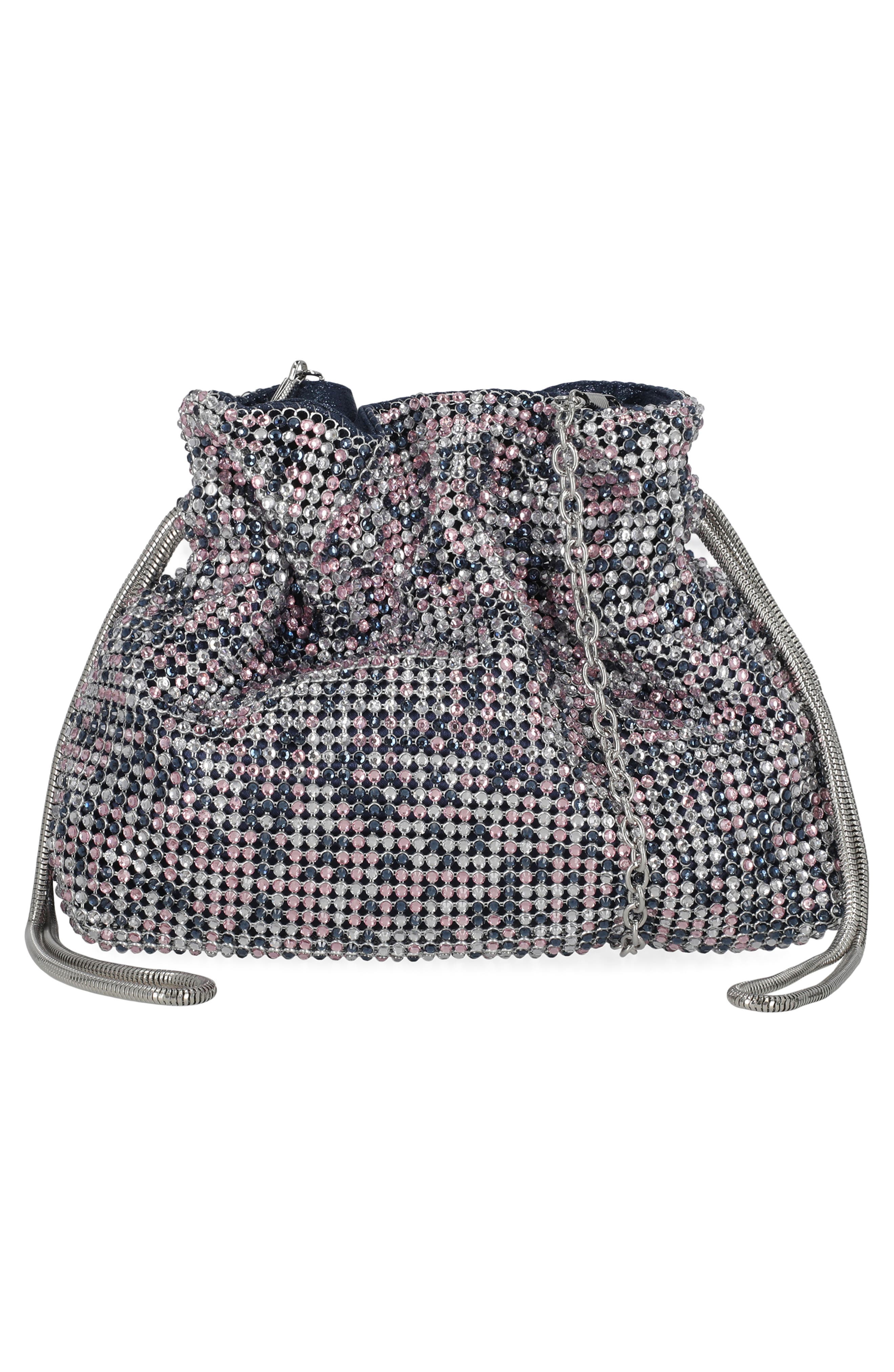 Maxine Rhinestone Mesh Bucket Clutch, Alternate, color, PINK NAVY MULTI
