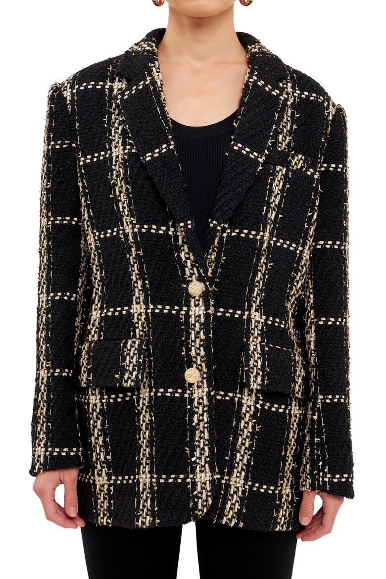 Premium Plaid Oversize Tweed Blazer, Alternate, color, BLACK