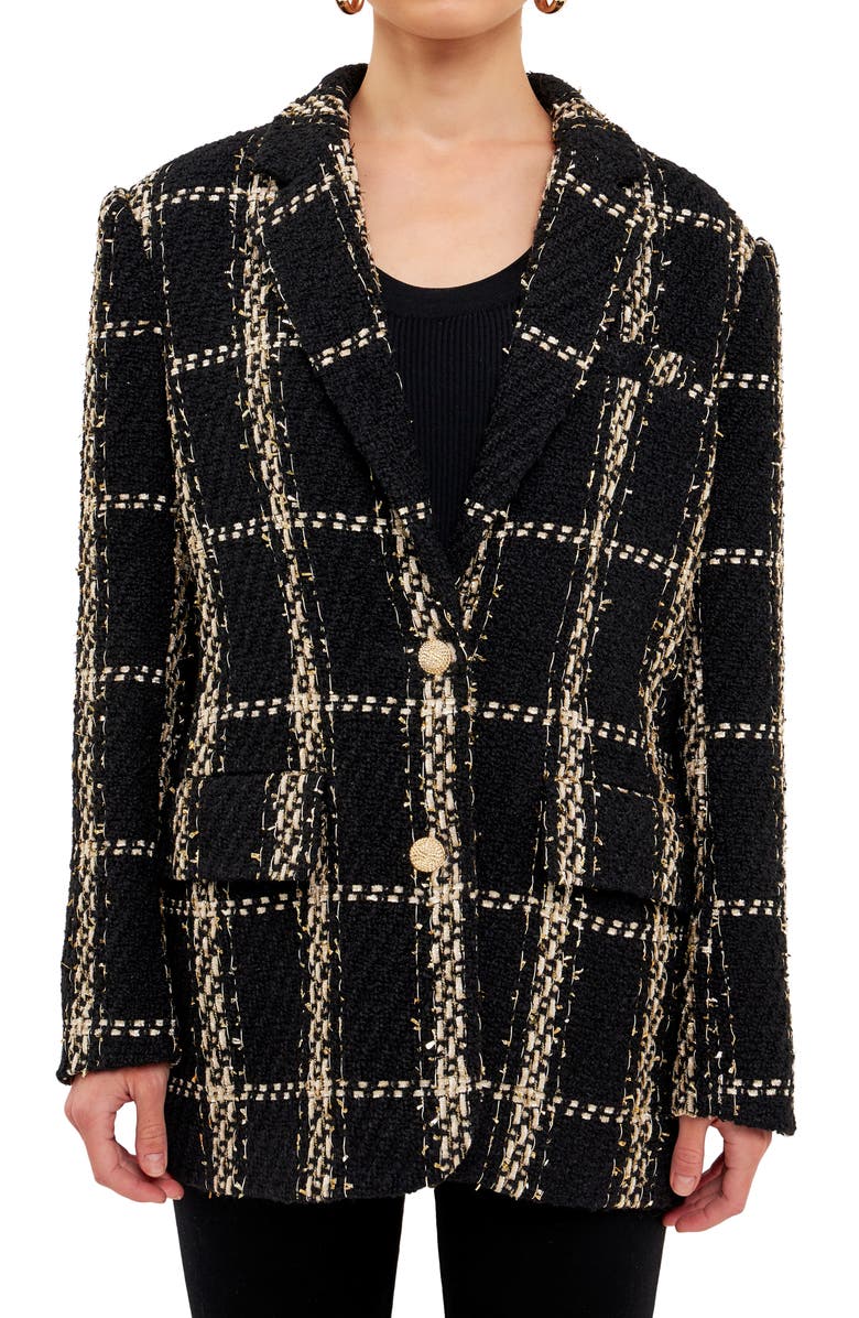 Endless Rose Premium Plaid Oversize Tweed Blazer, Alternate, color, Black