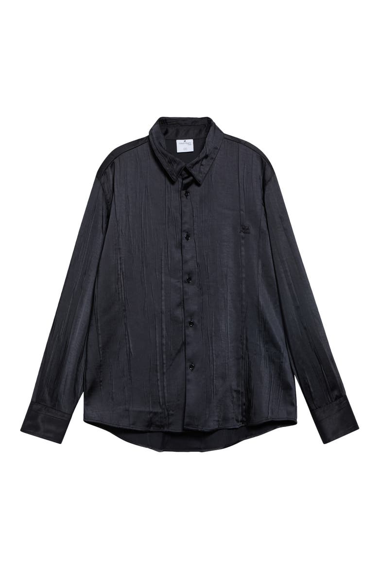 Oversize Crinkled Satin Button-Up Shirt, Alternate, color, BLACK