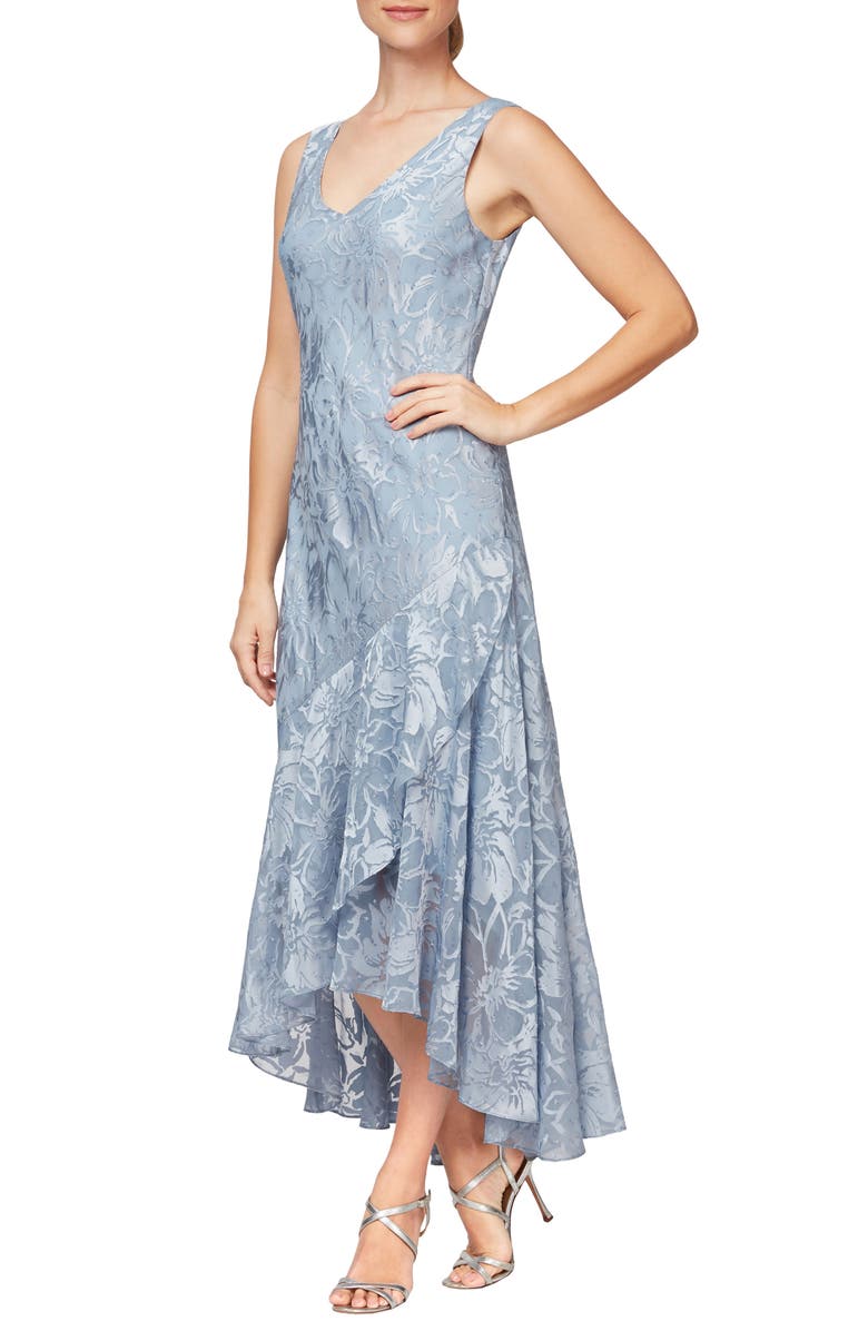 Alex Evenings Metallic Textured Floral Burnout High/Low Dress with Jacket, Alternate, color, 