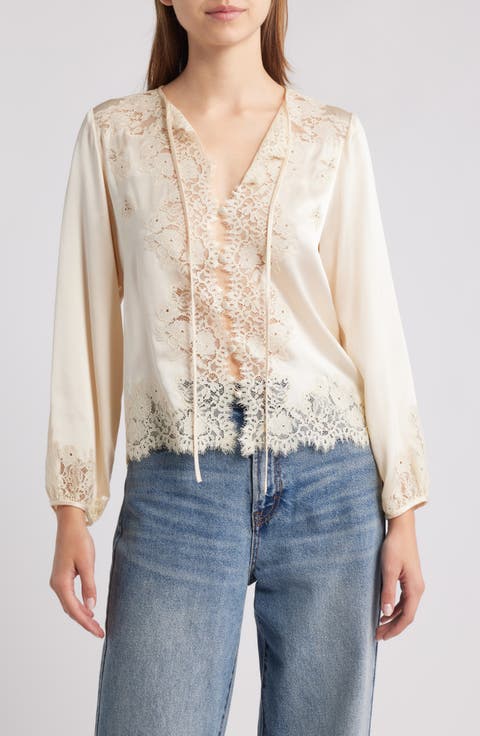 Lucine Lace Trim Silk Button-Up Shirt