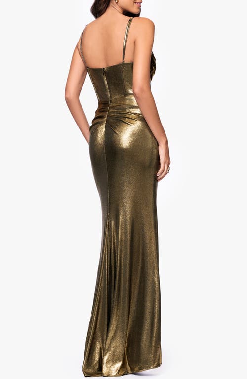 Betsy & Adam Metallic Corset Sleeveless Mermaid Gown In Gold