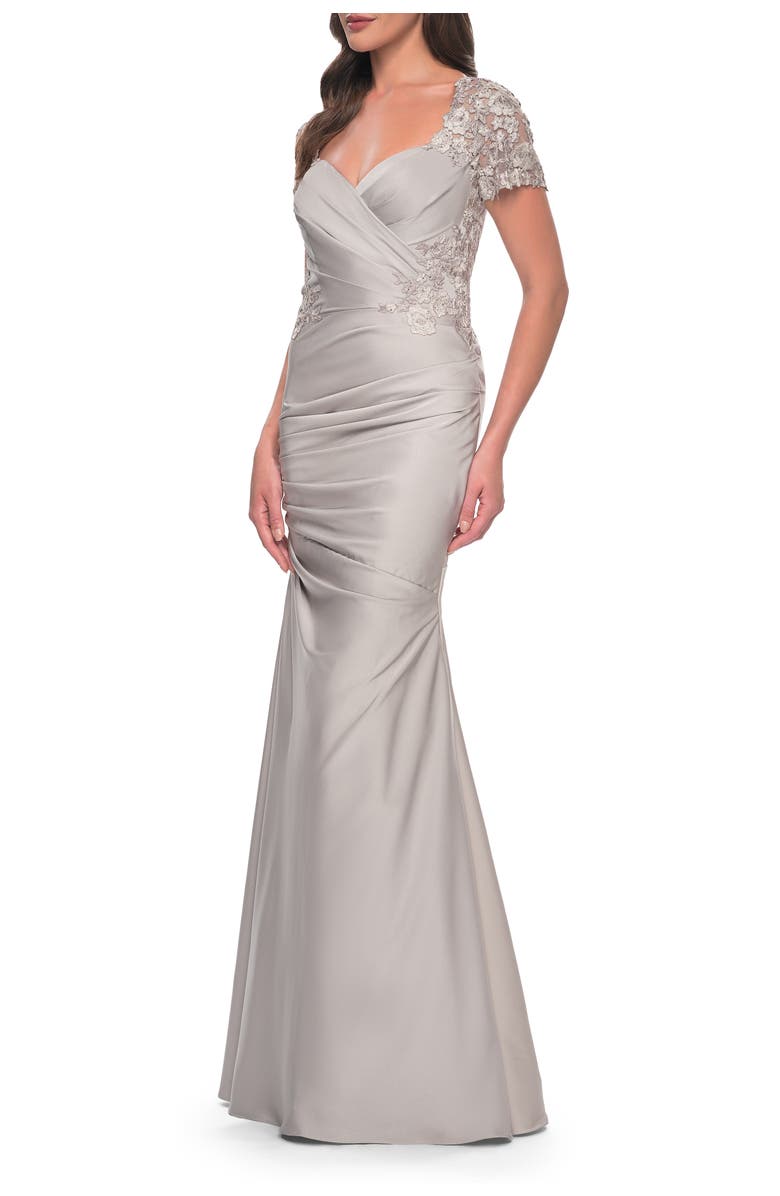 La Femme Satin Evening Dress with Lace and Scoop Neckline, Main, color, Silver