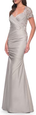La Femme Satin Evening Dress with Lace and Scoop Neckline