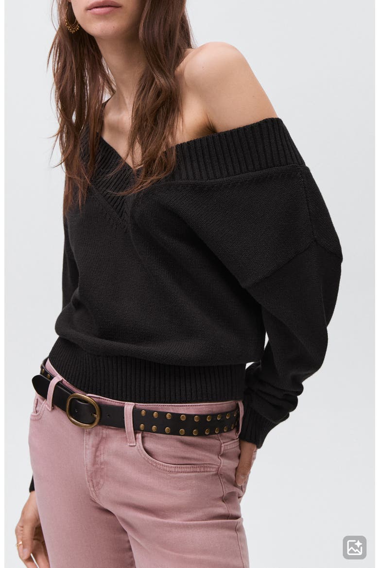 Wide V-Neck Cotton Sweater, Main, color, BLACK