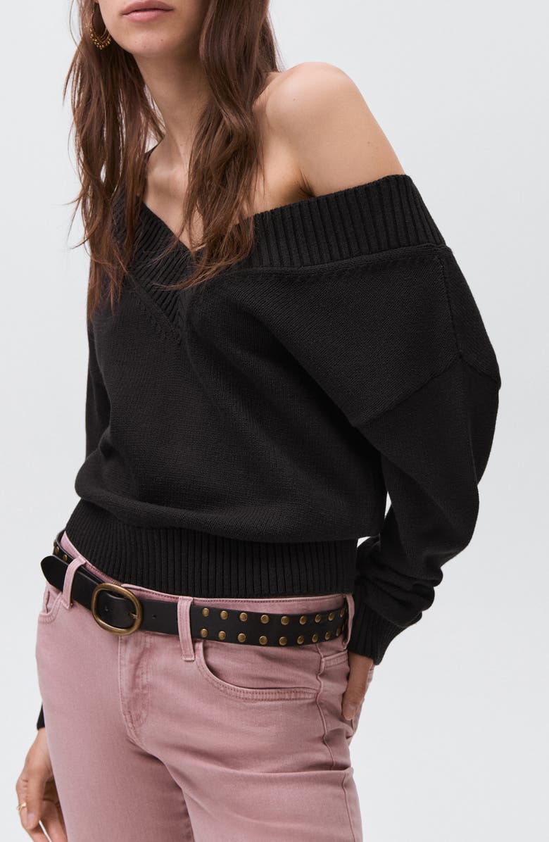 MANGO TEEN Wide V-Neck Cotton Sweater, Main, color, Black