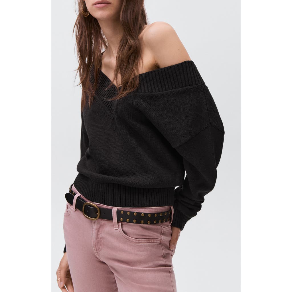 Mango Teen Wide V-neck Cotton Sweater In Black