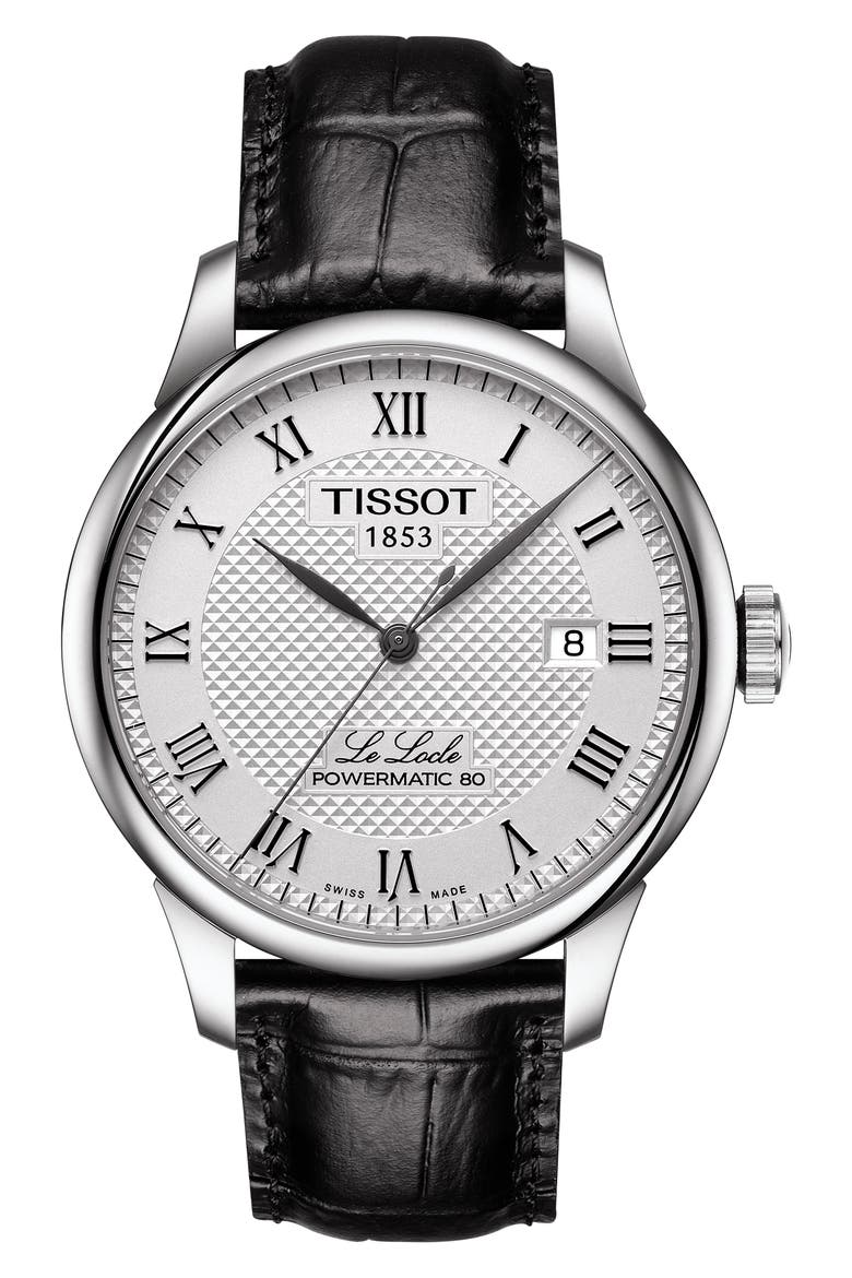 Le Locle Powermatic 80 Automatic Leather Strap Watch, 39mm, Main, color, BLACK/ SILVER