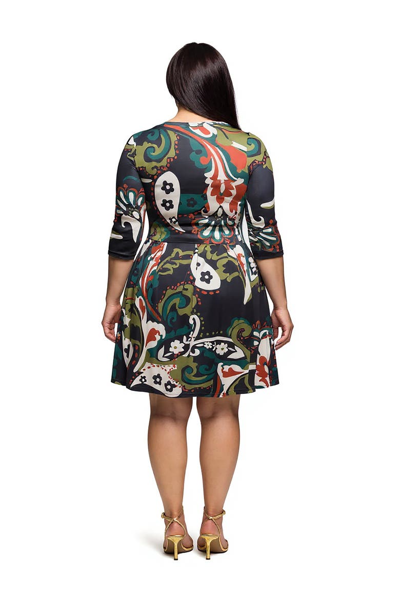Plus Size Three Quarter Sleeve Fit and Flare Dress, Alternate, color, Green Multi