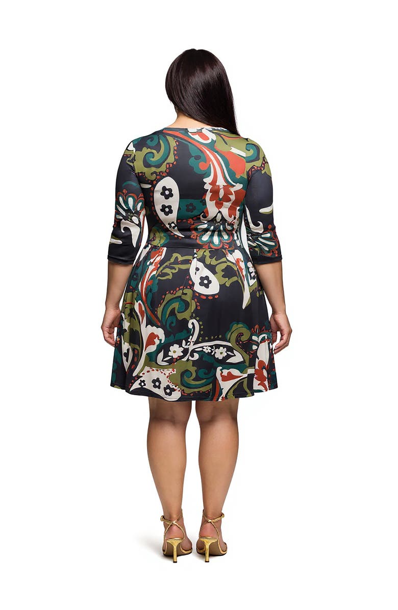 24seven Comfort Apparel Plus Size Three Quarter Sleeve Fit and Flare Dress, Alternate, color, Green Multi