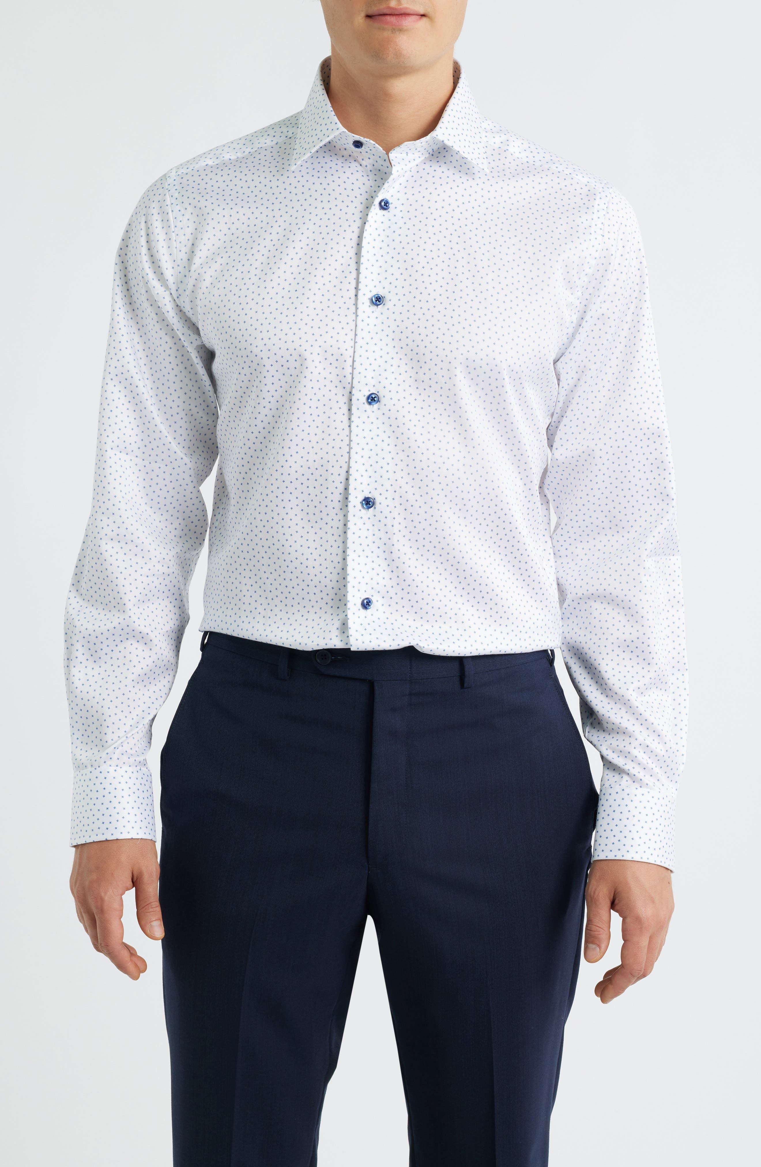 David Donahue Trim Fit Neat Print Cotton Dress Shirt