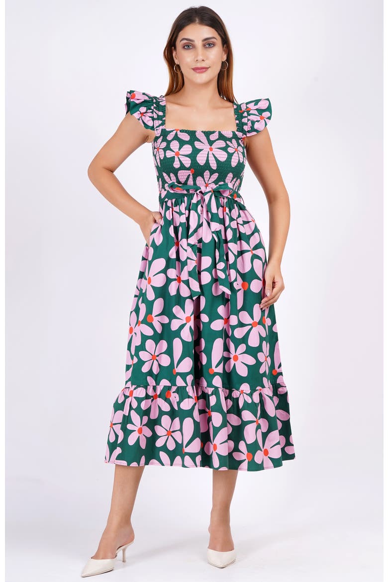 Ivanna A-Line Smocked Midi Dress, Alternate, color, Dancing Daisies Evergreen