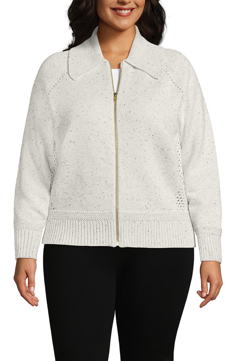 Lands' End Drifter Large Collar Zip Front Cardigan Sweater, Alternate, color, Pale Gray Heather Donegal