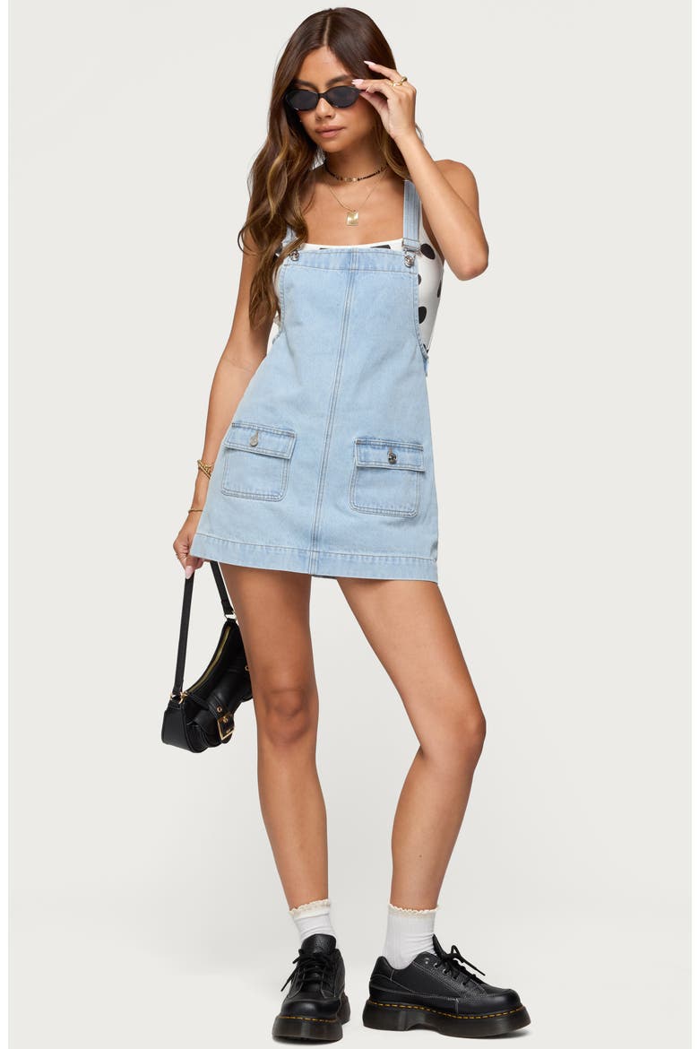 Denim Overall Minidress, Alternate, color, LIGHT-BLUE