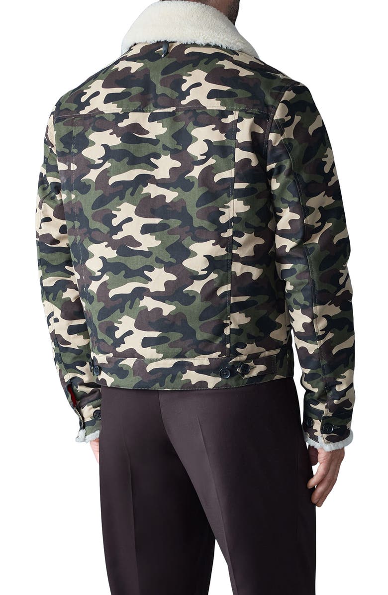Mackage Nash Camo Cotton Trucker Jacket with Removable Genuine Shearling Collar, Alternate, color, Camouflage Print