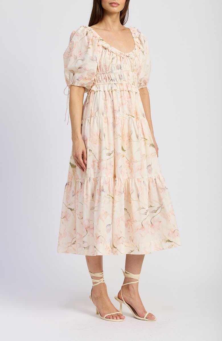 En Saison Floral Short Sleeve Tiered Midi Dress, Alternate, color,