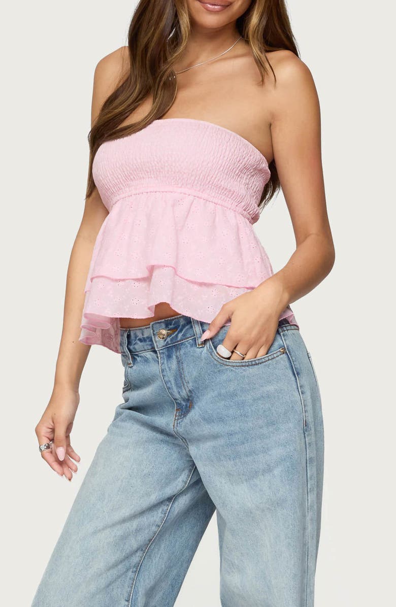 EDIKTED Toria Ruffled Eyelet Strapless Top, Alternate, color, Light-Pink