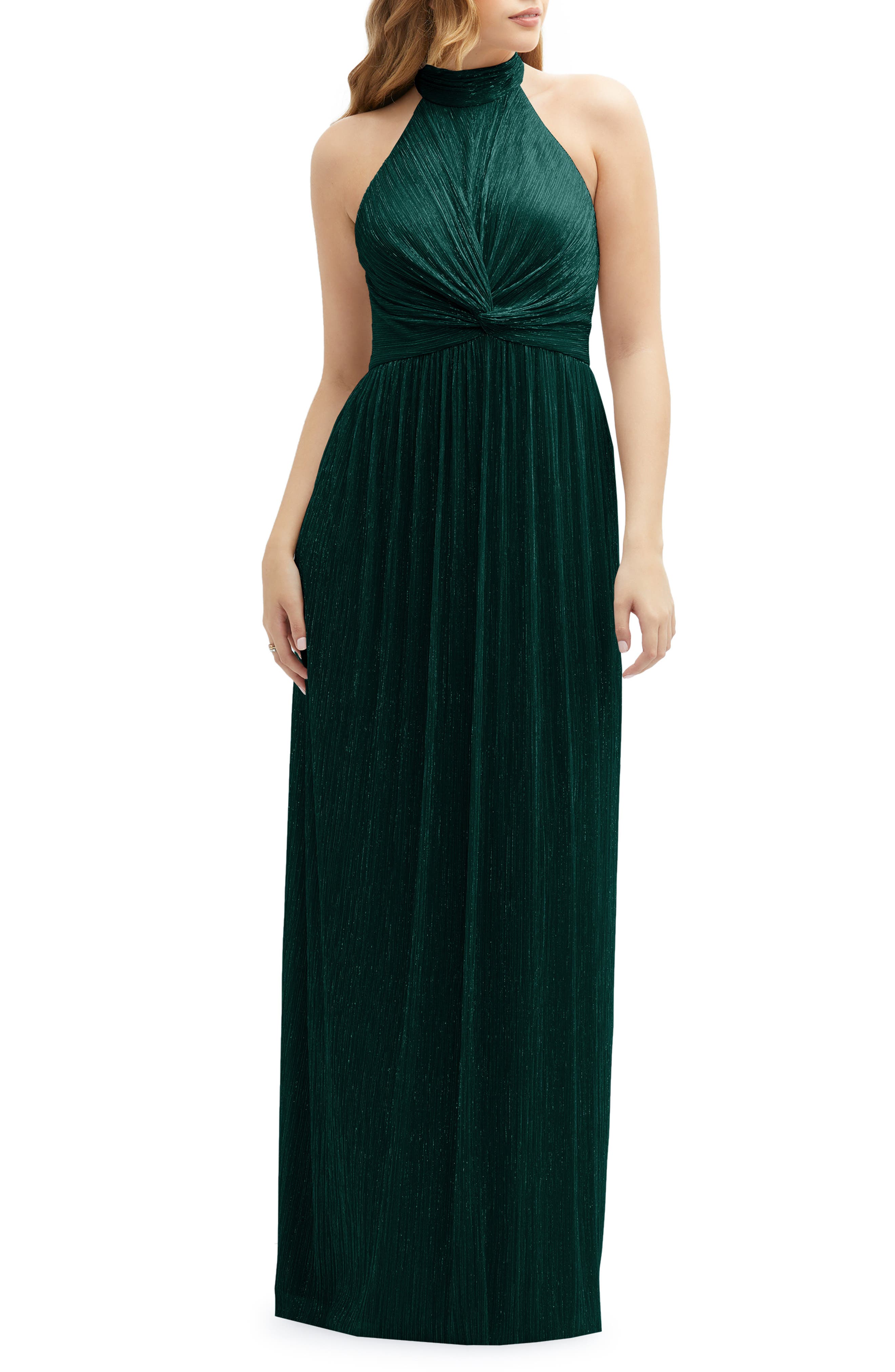 Metallic Pleated Halter Column Gown - image 3