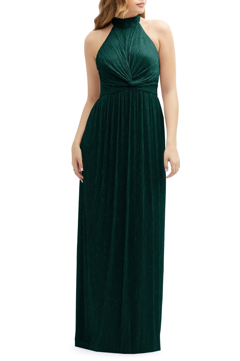 Metallic Pleated Halter Column Gown, Main, color, EVERGREEN METALLIC
