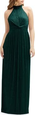 After Six Metallic Pleated Halter Column Gown