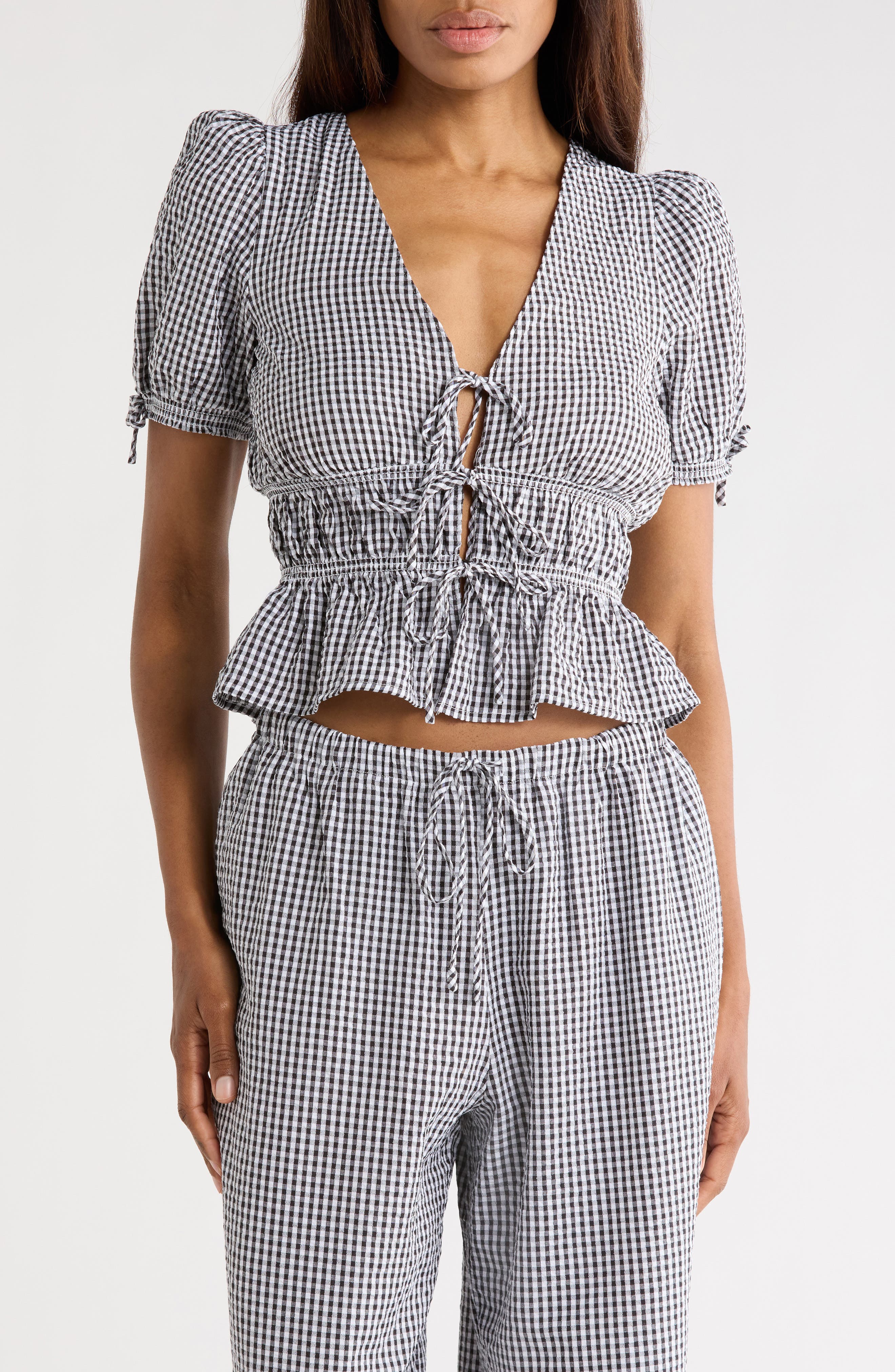 WAYF Gingham Short Sleeve Tie Front Top