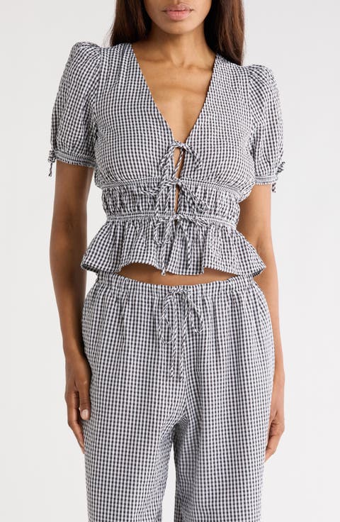Gingham Short Sleeve Tie Front Top