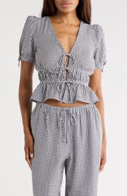 WAYF Gingham Short Sleeve Tie Front Top