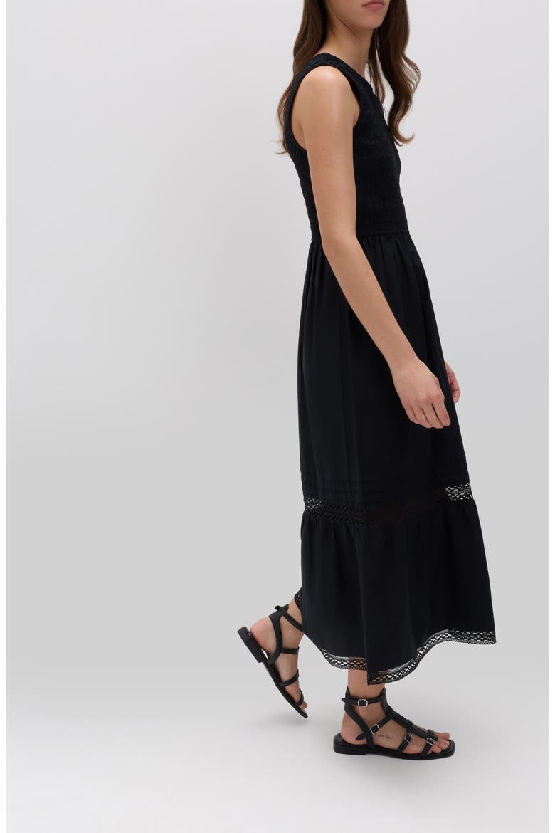 Smocked Lace Trim Sleeveless Cotton Maxi Dress, Alternate, color, BLACK
