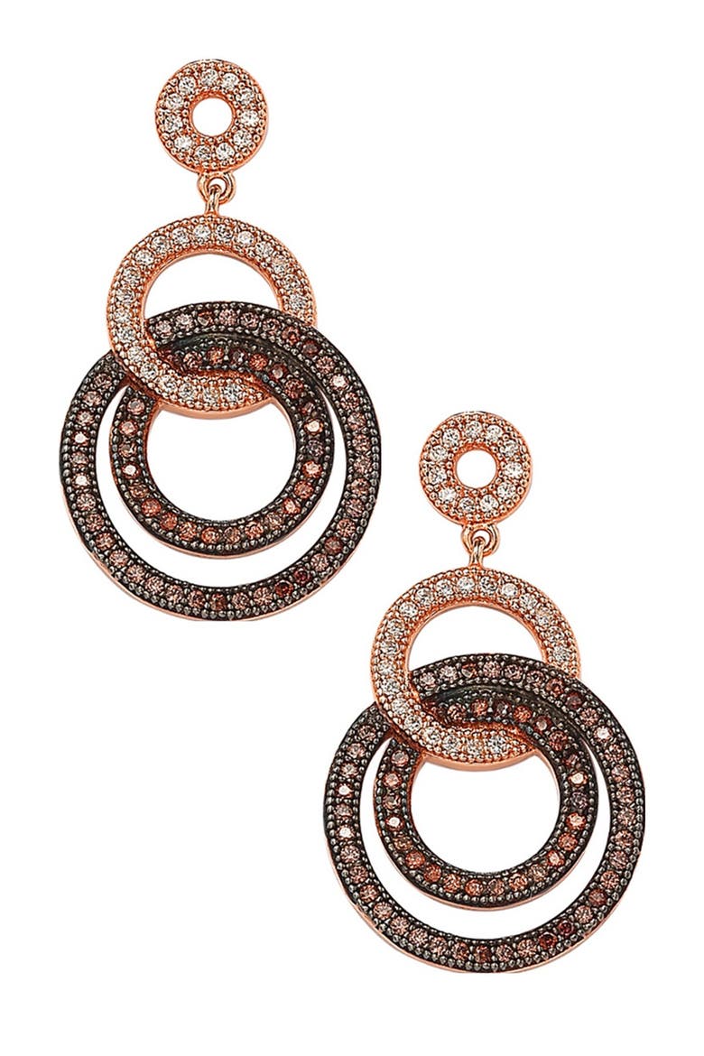 14K Rose Gold Plated Sterling Silver Two-Tone Chocolate & White CZ Circle Earrings, Main, color, BROWN