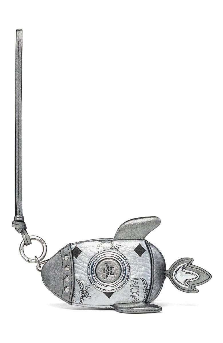 MCM Aren Rocket Pouch Charm in Visetos, Main, color, Silver