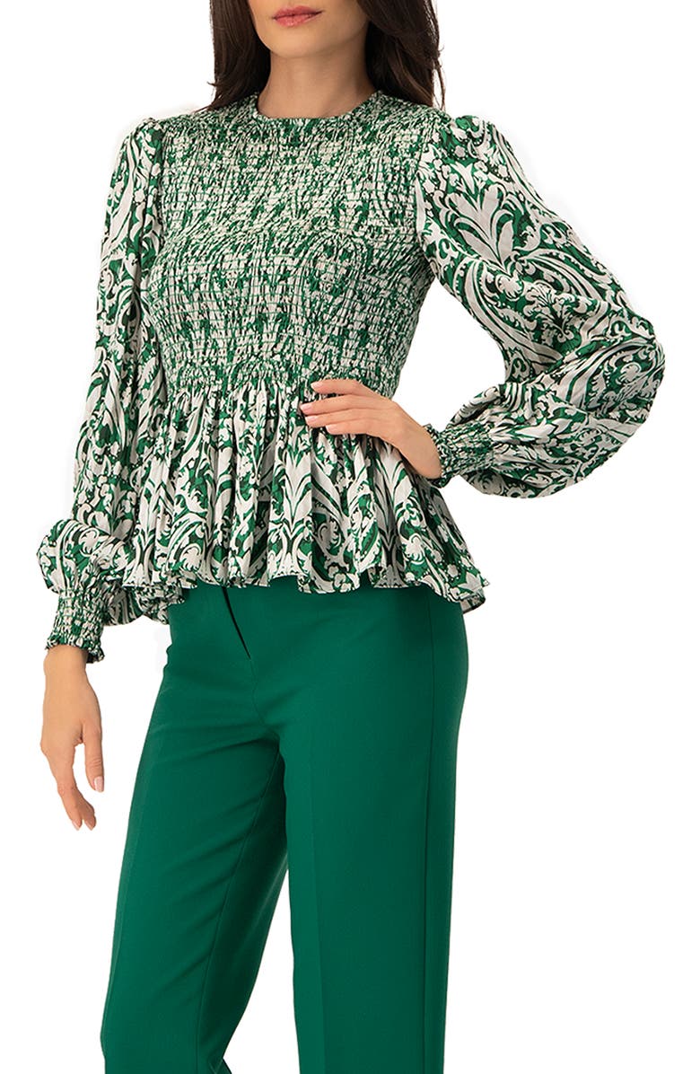 IVONNE Green Baroque Print Smocked Peplum Blouse, Alternate, color, Green
