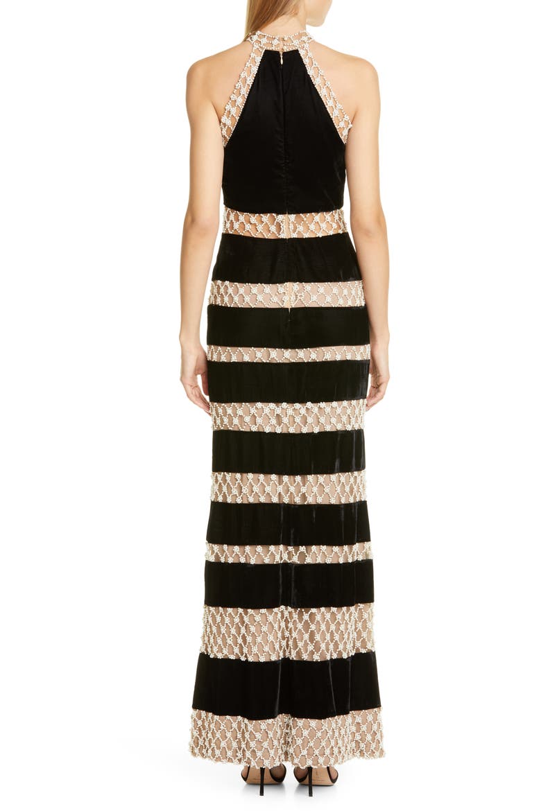 Imitation Pearl & Velvet Halter Gown, Alternate, color, BLACK