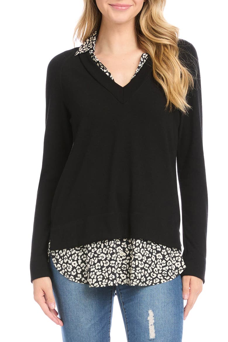 Layered Leopard Twofer Sweater, Main, color, BLACK