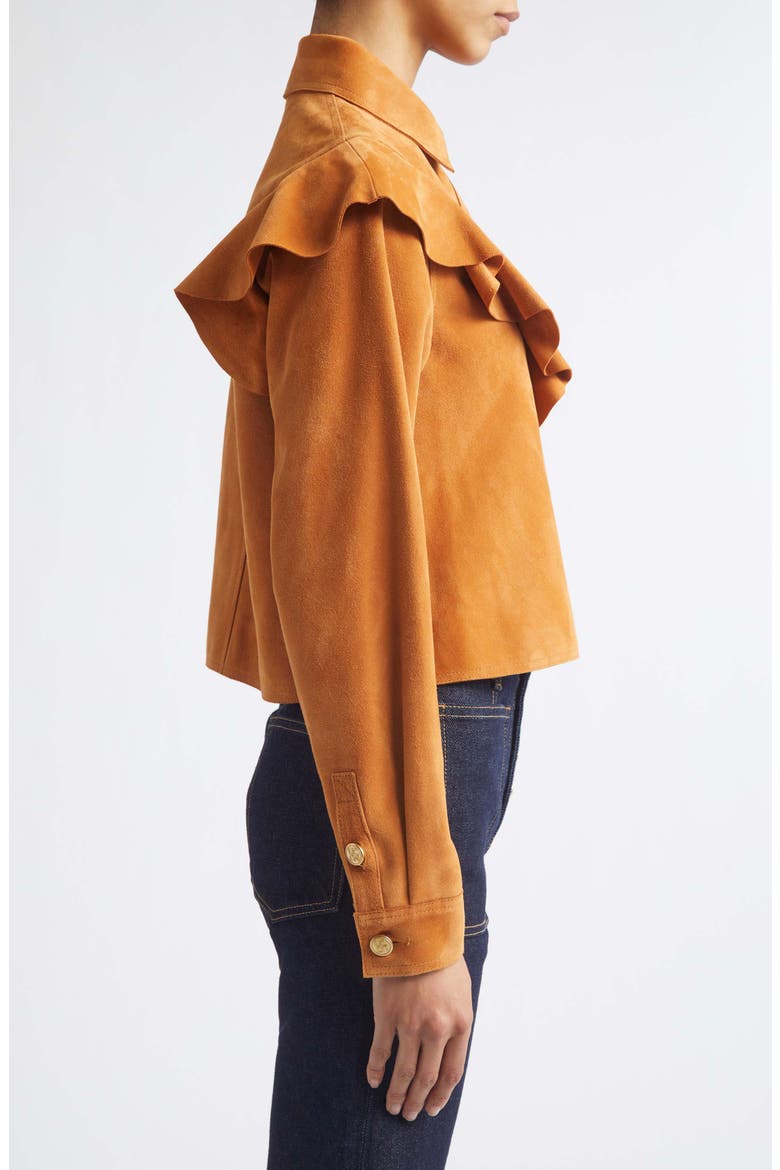 Matilde Ruffle Suede Jacket, Alternate, color, COGNAC