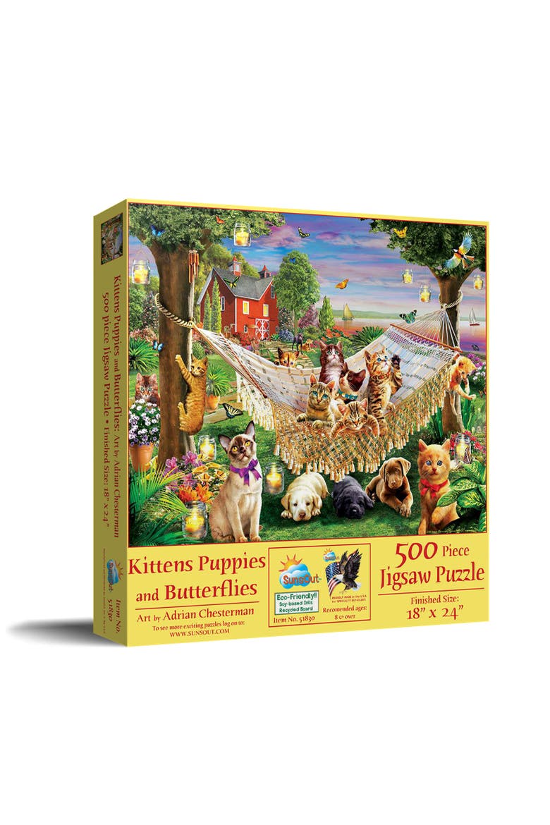 Kittens Puppies and Butterflies 500 piece Jigsaw Puzzle for Adults, Main, color, Multicolor