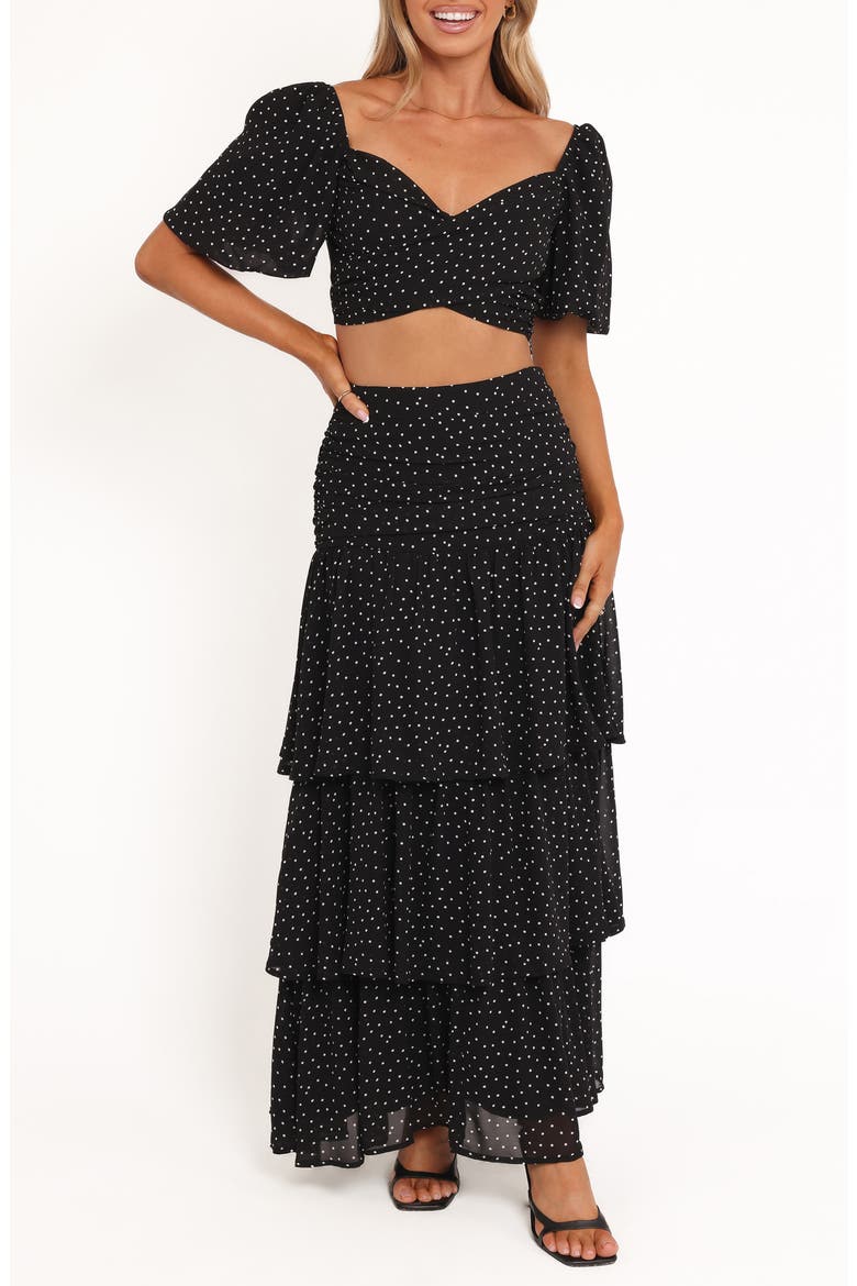 Selina Polka Dot Crop Top & Tiered Maxi Skirt Set, Main, color, BLACK POLKA DOT
