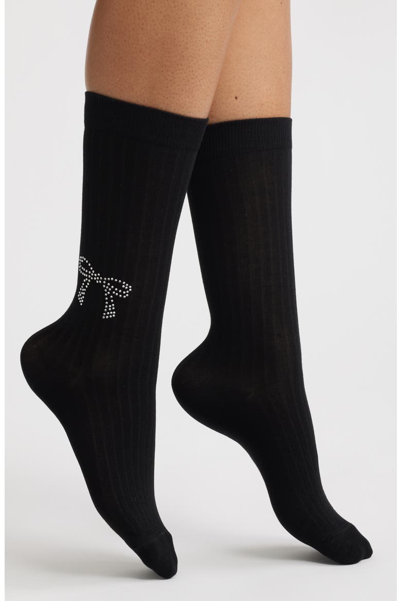 Sabrina Crystal Bow Crew Socks, Main, color, BLACK