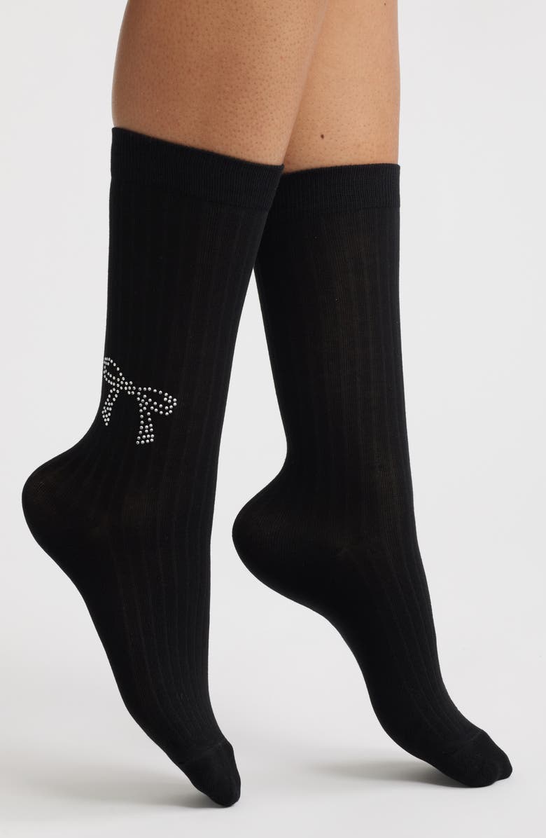HIGH HEEL JUNGLE Sabrina Crystal Bow Crew Socks, Main, color, Black