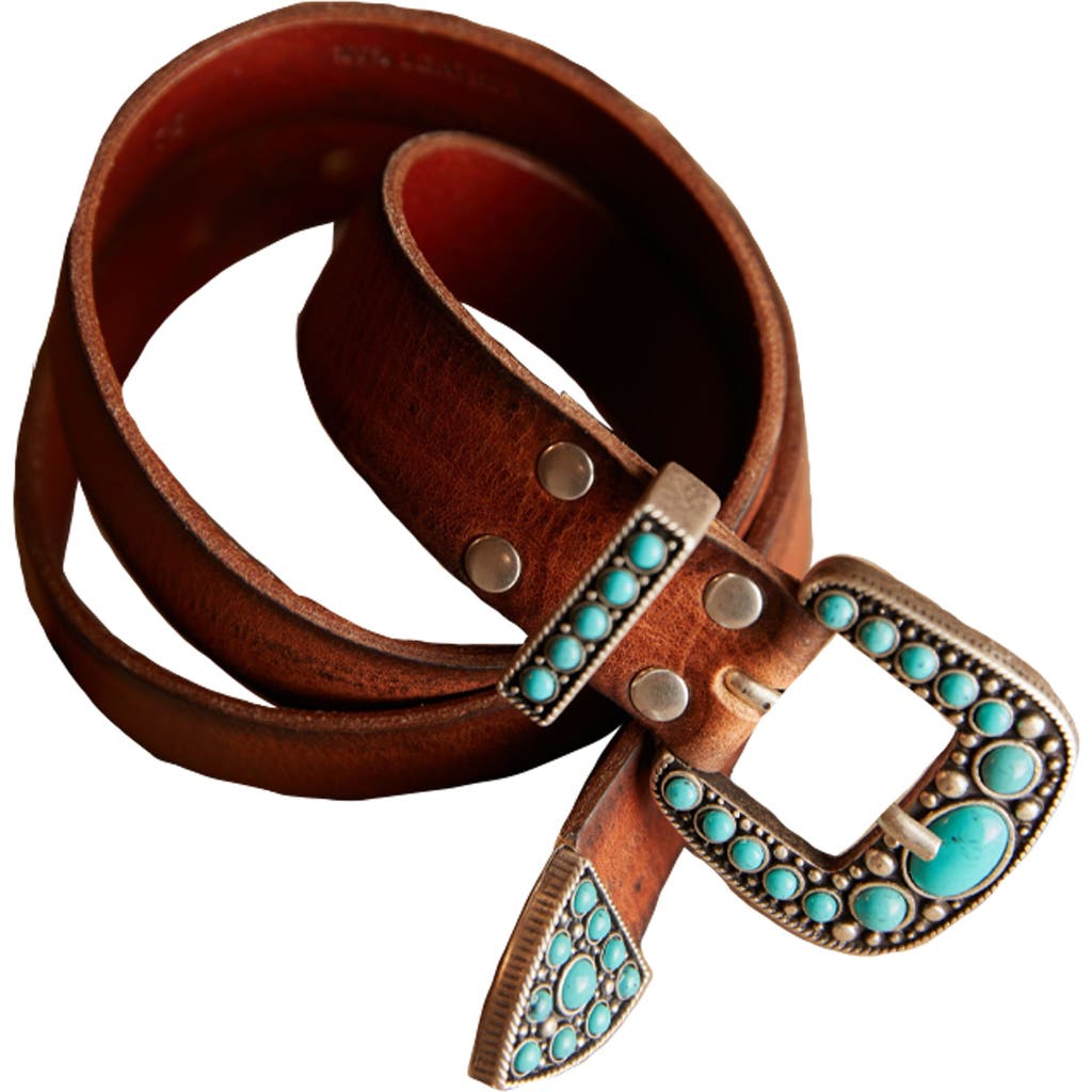Fortela Thelma Leather Belt With Turquoise Studs In Brown
