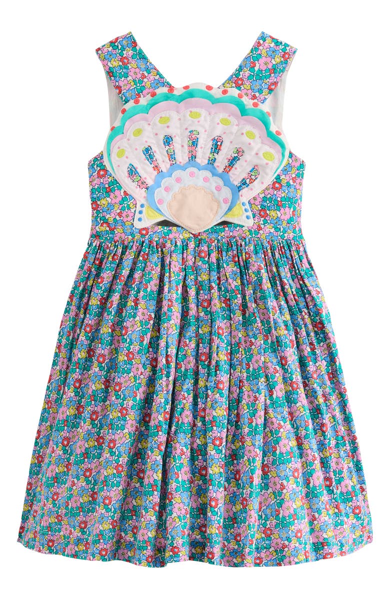 Mini Boden Kids' Shell Appliqué Floral Cotton Dress, Alternate, color, 