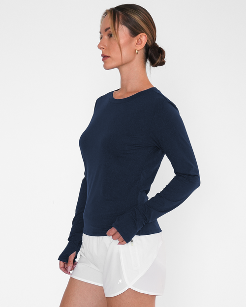 Rebody Active Raya Mid Length Compression Nylon Long Sleeve Top In Blue
