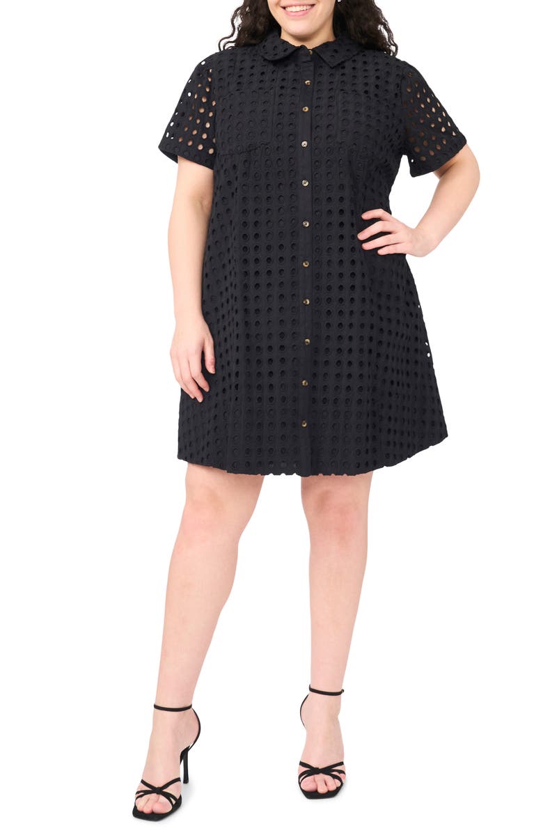 CeCe Eyelet Short Sleeve Cotton Shirtdress, Main, color, Rich Black