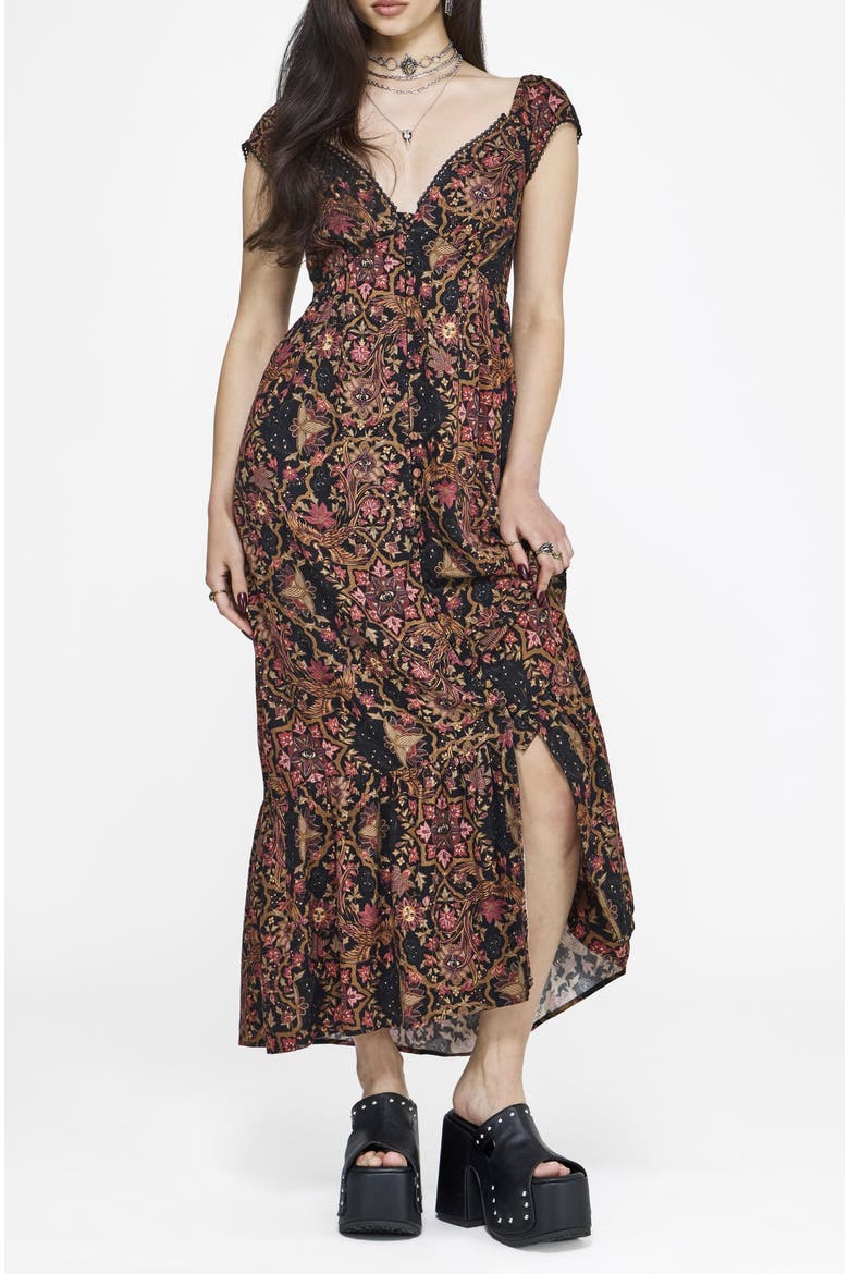 Mythos Print Milkmaid Smock Midaxi Dress, Main, color, Black