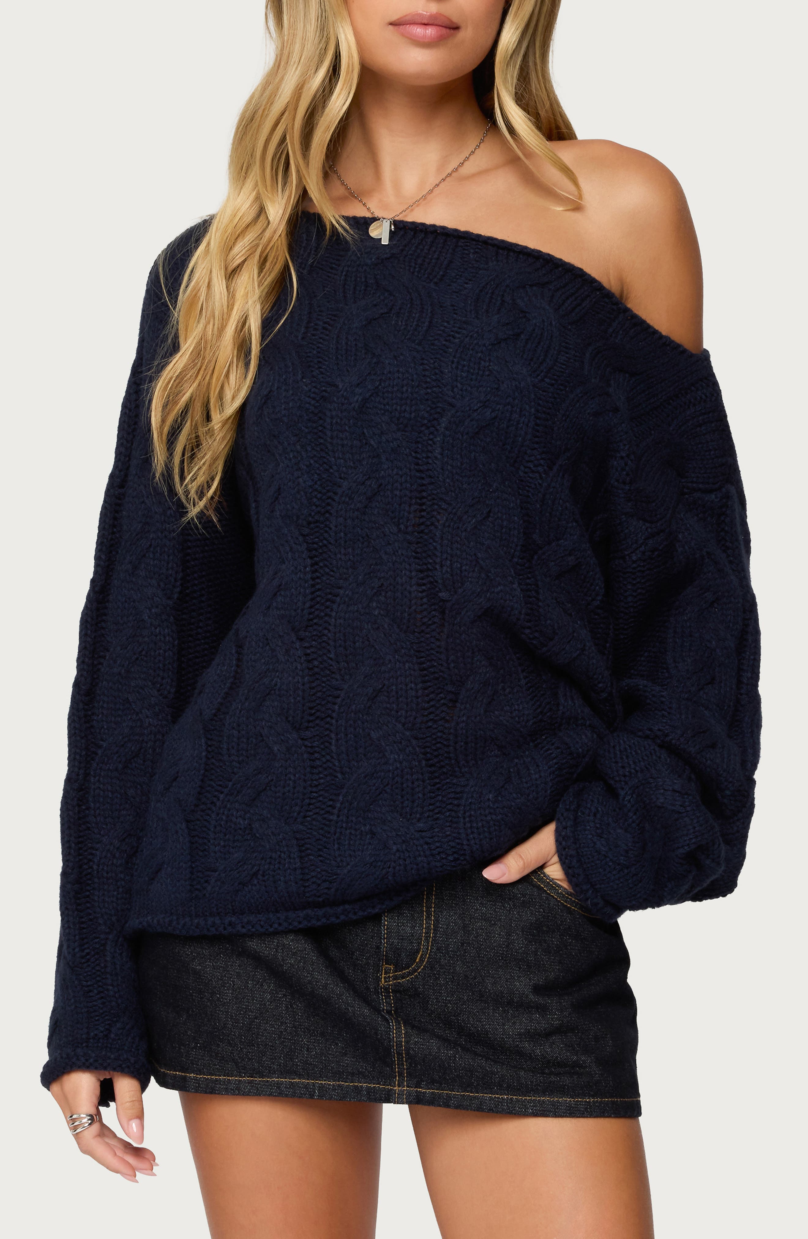 Edikted Nellie One-shoulder Cable Stitch Sweater In Blue