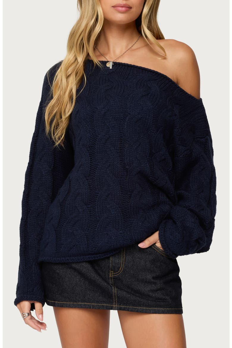 Nellie One-Shoulder Cable Stitch Sweater, Main, color, NAVY