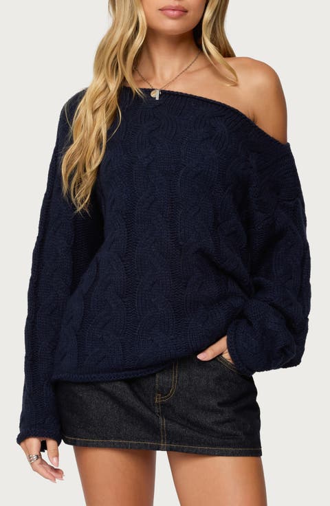 Nellie One-Shoulder Cable Stitch Sweater