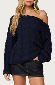 EDIKTED Nellie One-Shoulder Cable Stitch Sweater